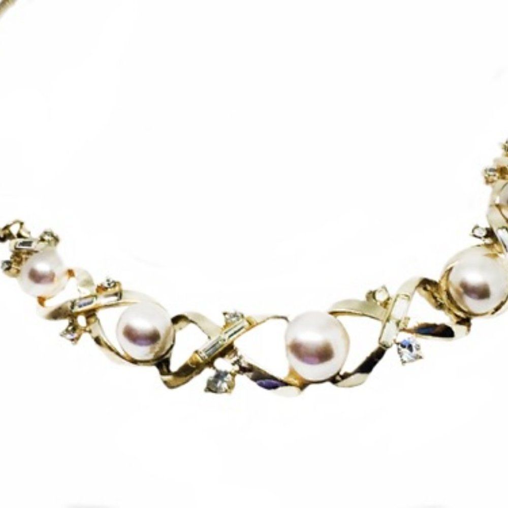 Vtg Corocraft gold pearl rhinestone 14" necklace - Picture 10 of 11